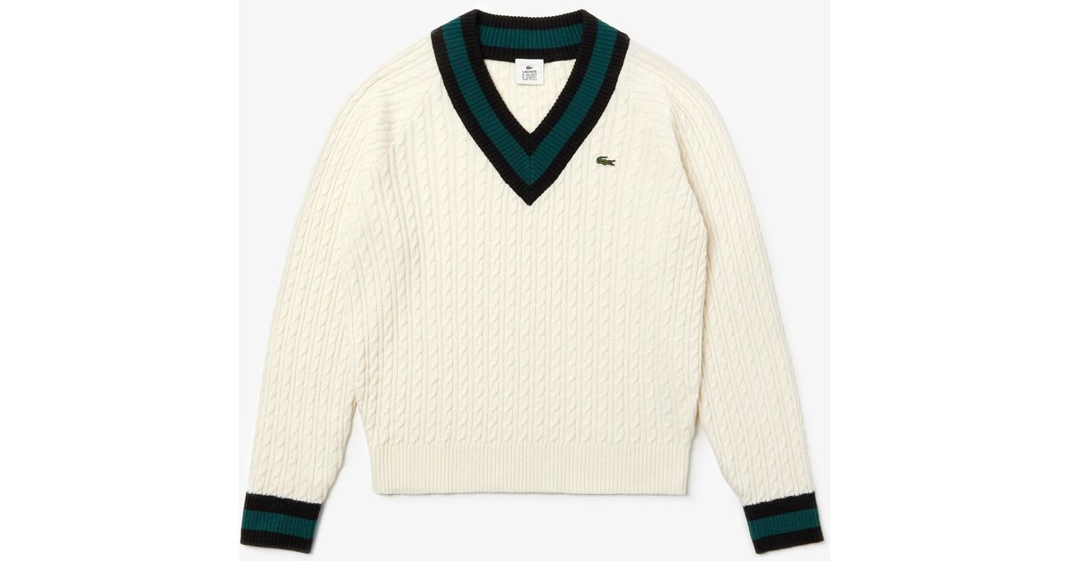 Lacoste Unisex Live Cable Knit Wool Blend Sweater in White,White (White ...