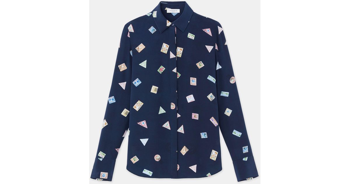 Lafayette 148 New York Postage Stamp Print Silk Crepe De Chine Blouse