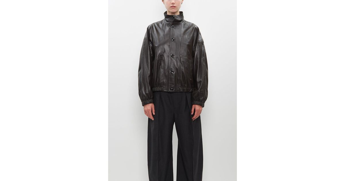 Lemaire Stand Collar Leather Blouson in Black | Lyst