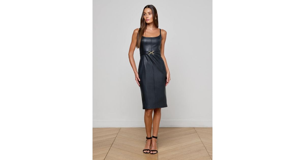 knee length dresses for ladies L'agence Halia Vegan Leather Dress in Midnight