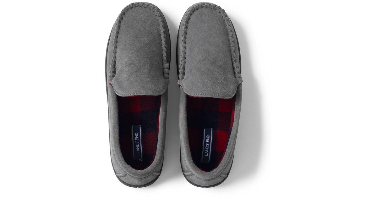 Lands' End Suede Moccasin Slippers With Fleece Lining in Grey (Grey