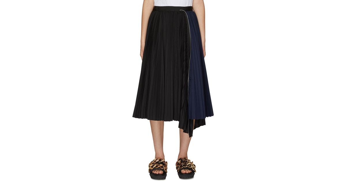 Sacai Asymmetric Zipper Detail Pleated Midi Skirt in Black | Lyst