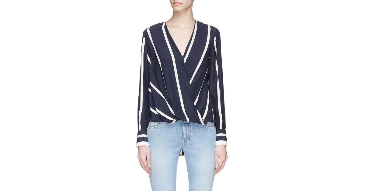 Download Rag & Bone 'victor' Stripe Mock Wrap Silk Satin Top in Blue - Lyst