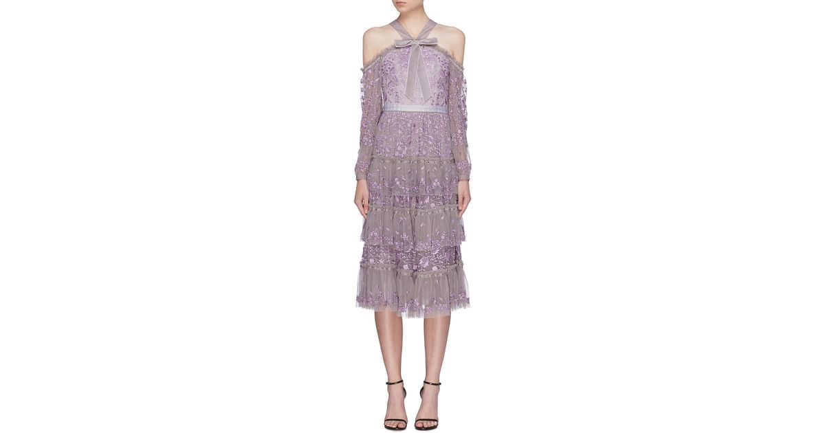 needle & thread embroidered tulle midi dress with cap sleeve in lavender