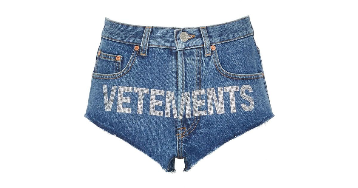 Vetements Rhinestone Logo High Cut Denim Hot Pants in Blue