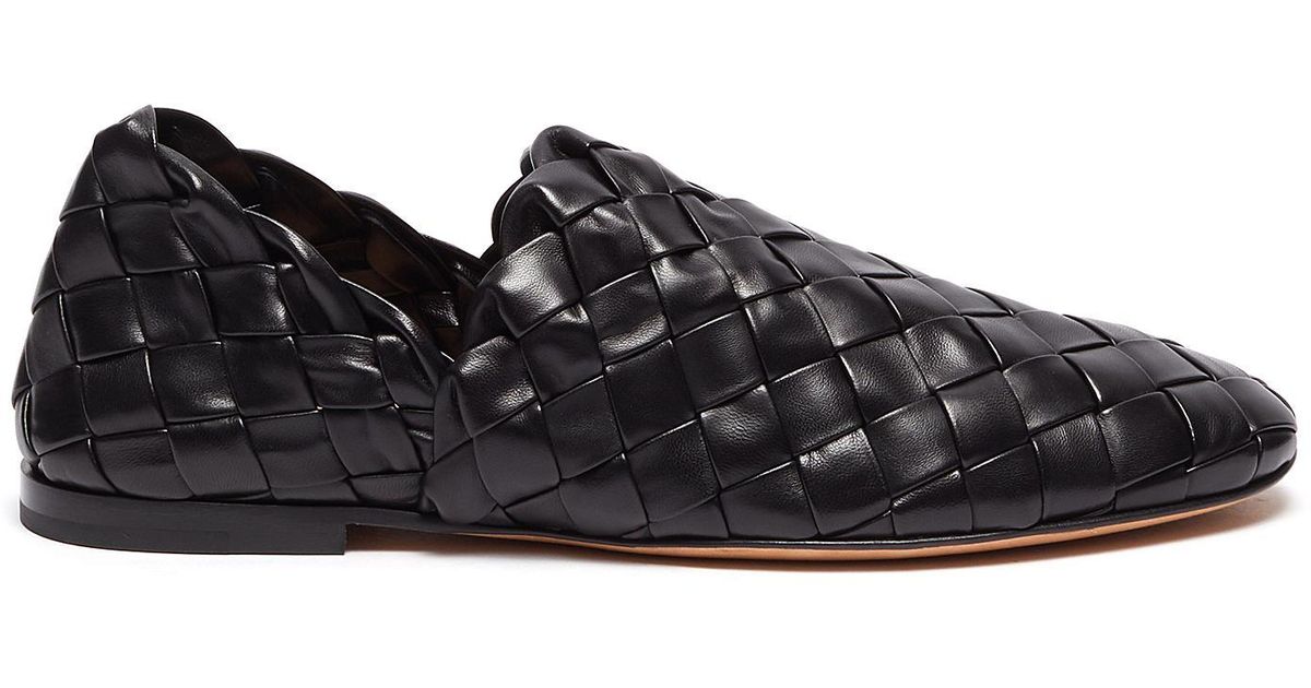Bottega Veneta Square Toe Intreccio Leather Loafers in Black for Men - Lyst