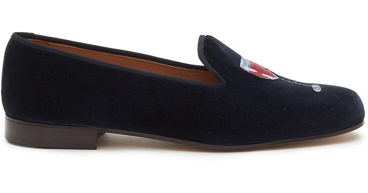 Stubbs & Wootton 'red Wine' Embroidery Flat Velvet Loafers in Black | Lyst