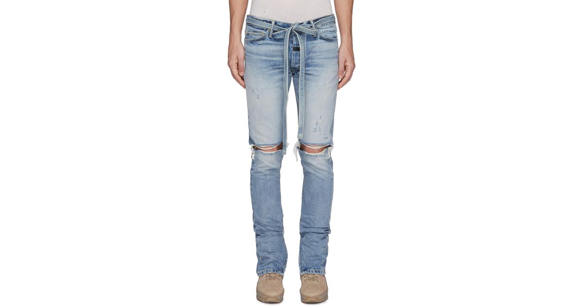 Fear Of God Belted Zip Cuff Ripped Skinny Jeans in Blue for Men | Lyst