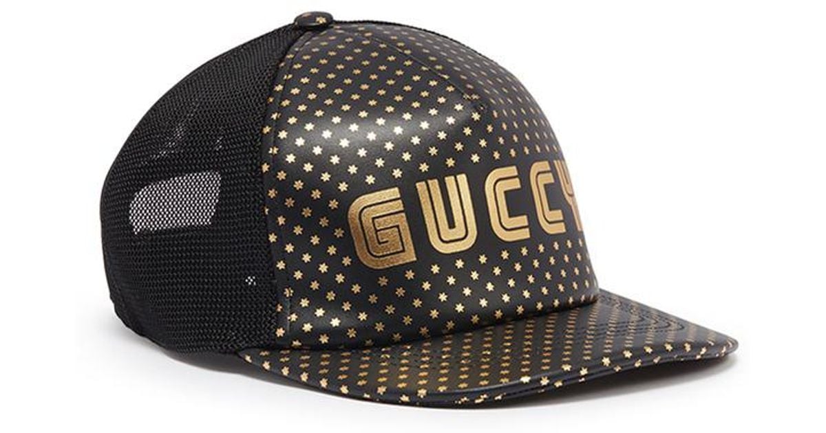 Gucci 'guccy' Logo Print Leather Baseball Cap in Black for Men | Lyst
