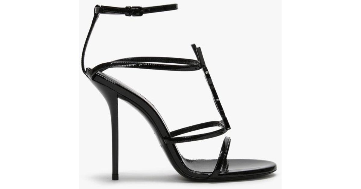 Saint Laurent Cassandra 110 Ysl Logo Black Patent Leather Sandals - Lyst