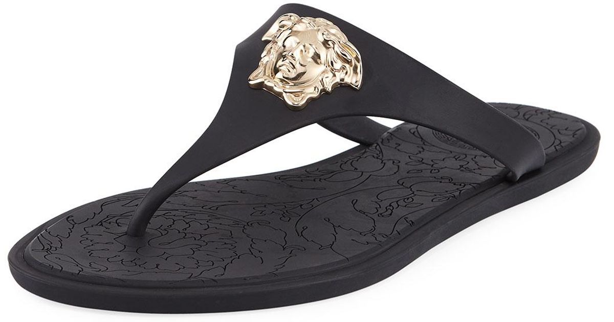 Versace Rubber Gold Medusa Flat Slide Thong Sandal in Black/Gold (Black ...