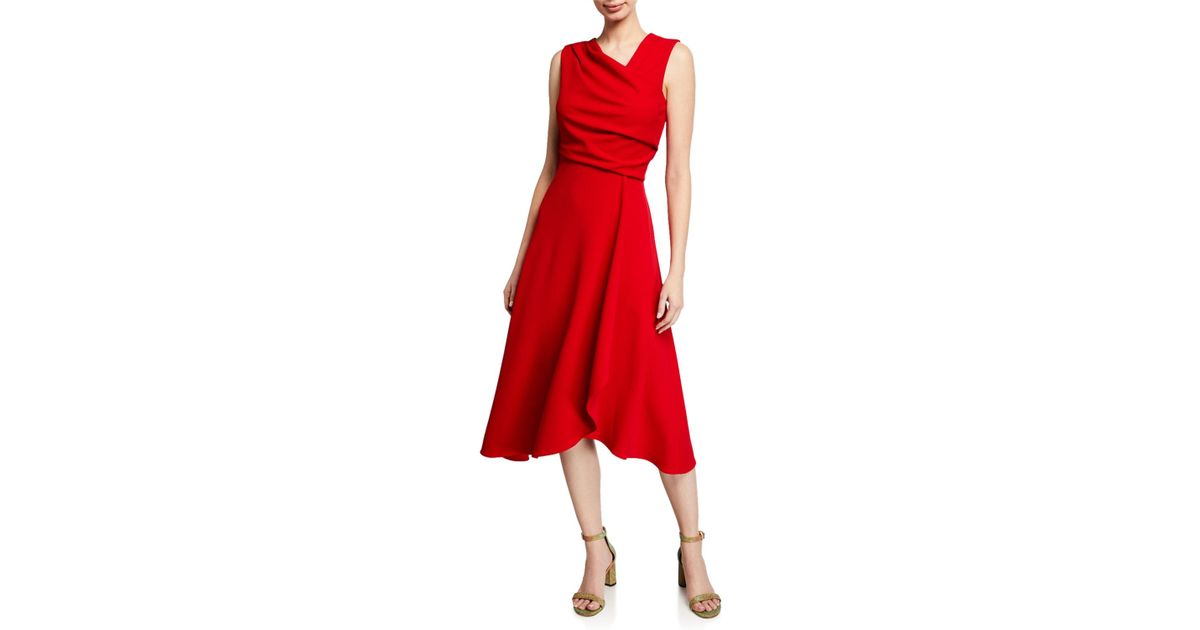 Donna Karan Synthetic Asymmetric Neck Ruffle Drape Dress In Cherry