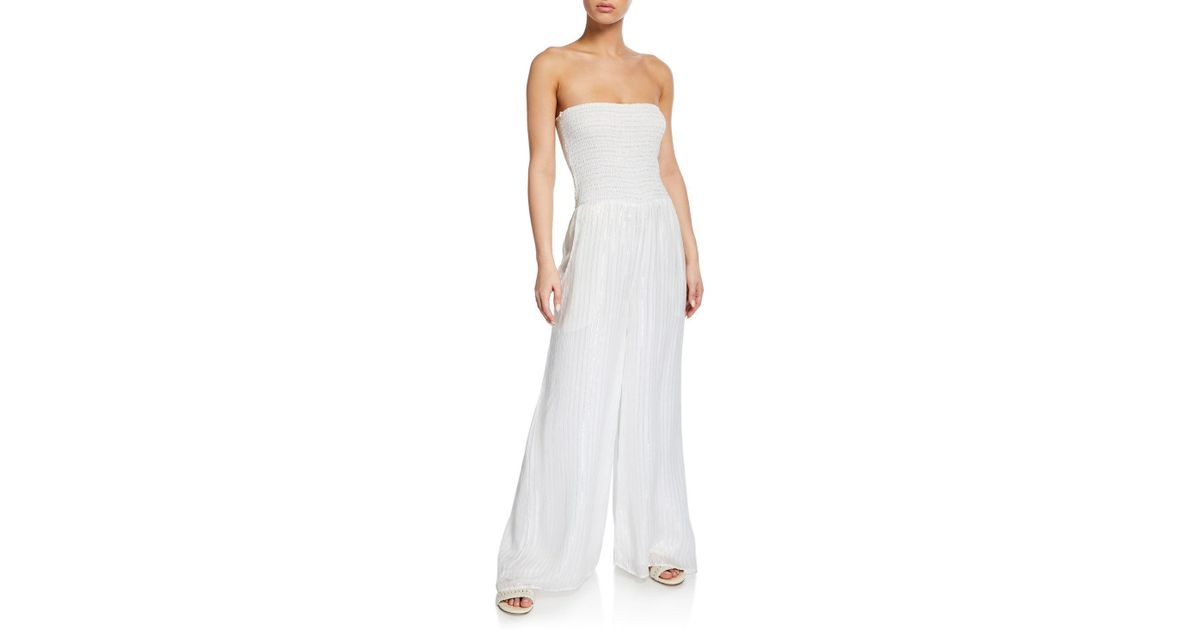 smocked strapless jumpsuit
