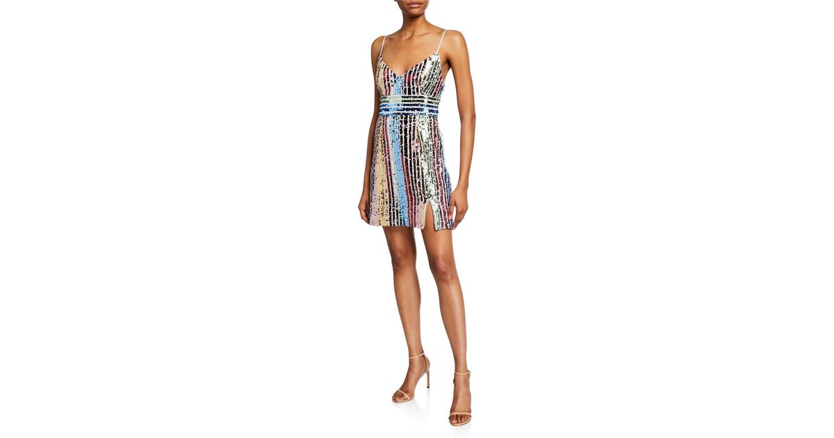 Saylor Synthetic Multicolor Sequin Stripe V-neck Sleeveless Mini Dress