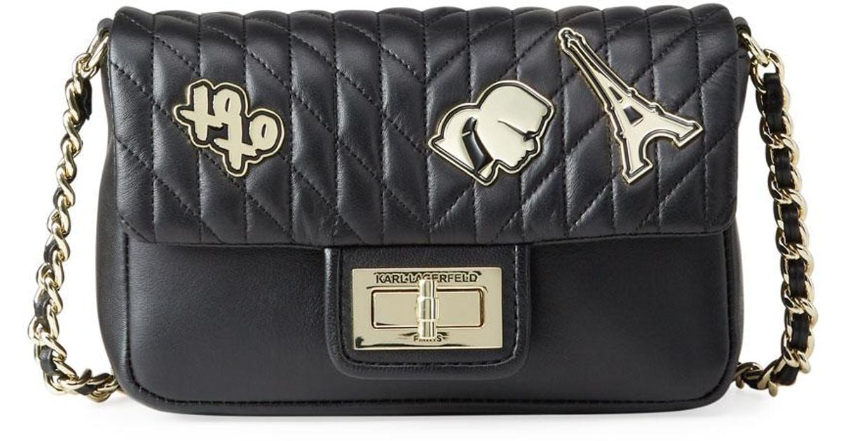 Karl Lagerfeld Leather Agyness Quilted Patch Crossbody Bag in Black