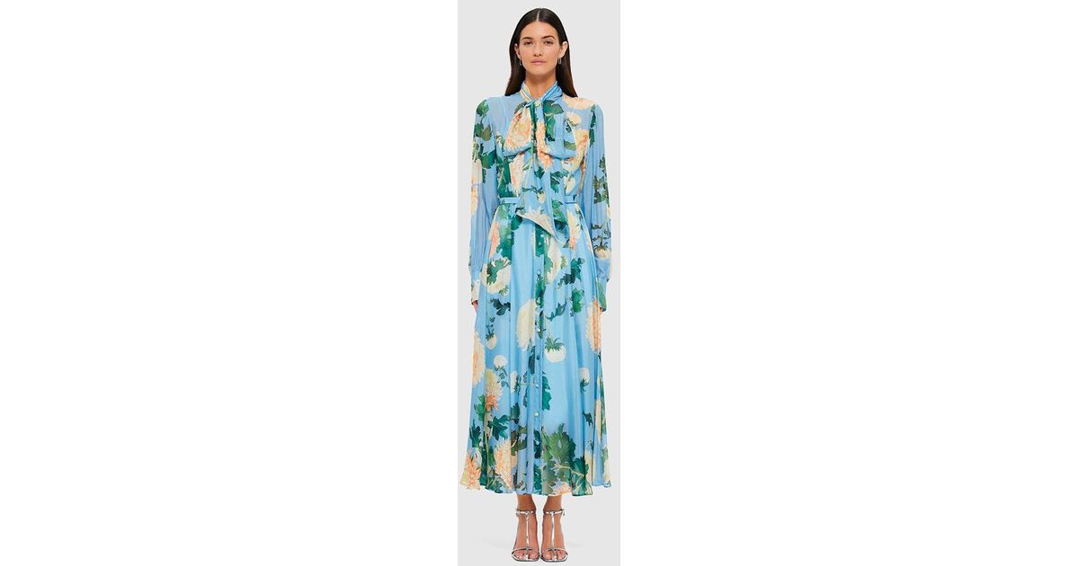 LEO LIN Liliane Tie Neck Midi Dress in Blue | Lyst