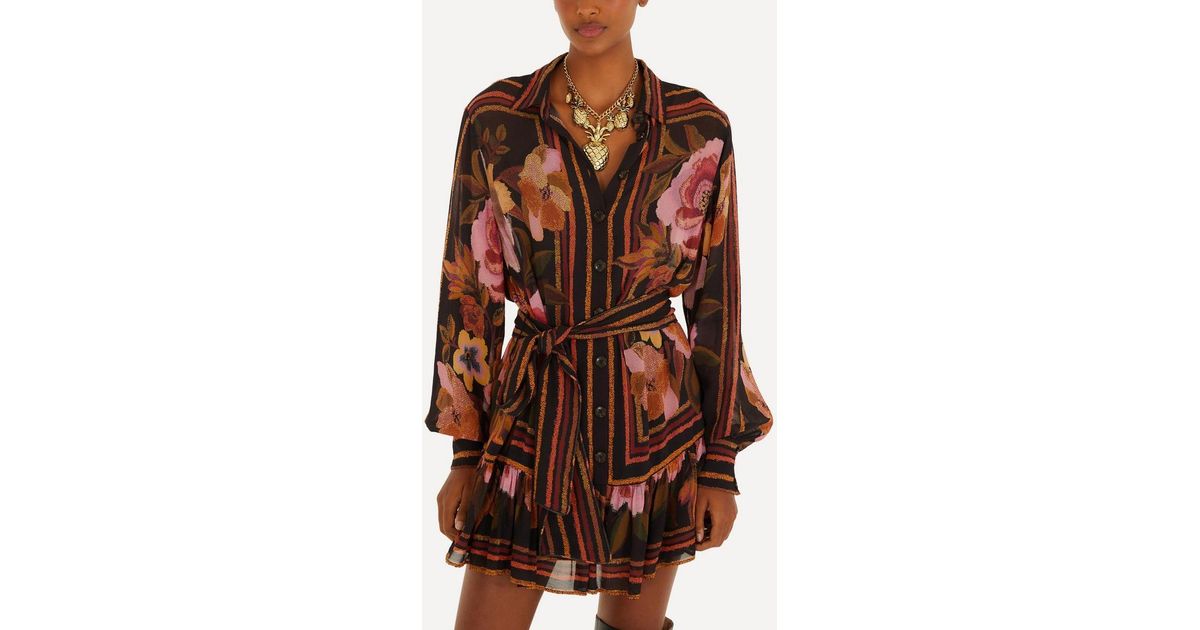 FARM Rio Chenille Flowers Belted Long-Sleeve Mini Dress in Brown | Lyst