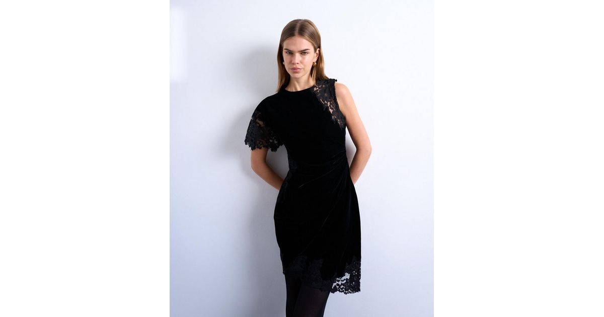 princess polly baby blue dress TOPSHOP Lace Insert Grown On Shoulder Velvet Mini Dress in Black
