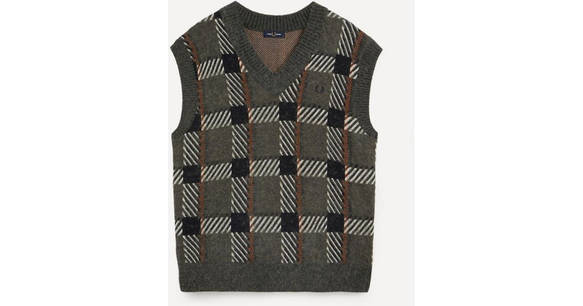 Fred Perry Glitch Tartan Knitted Tank Top in Gray for Men | Lyst