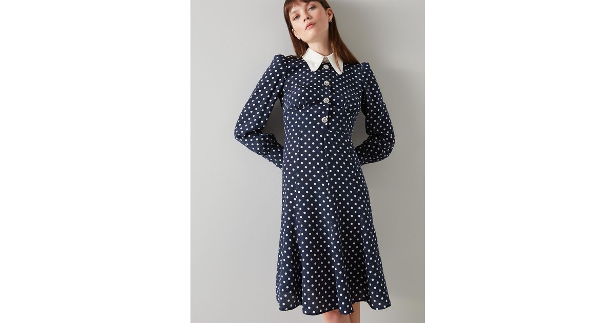 LK Bennett Mathilde Navy & Cream Polka Dot Silk Tea Dress in Blue | Lyst UK