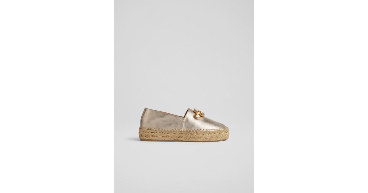 LK Talisa Gold Leather Embellished Flatform Espadrilles in