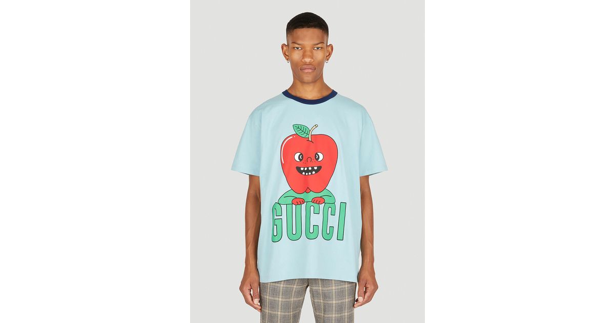 Gucci Cotton Apple Print Hollywood Tshirt in Light Blue (Blue) for Men