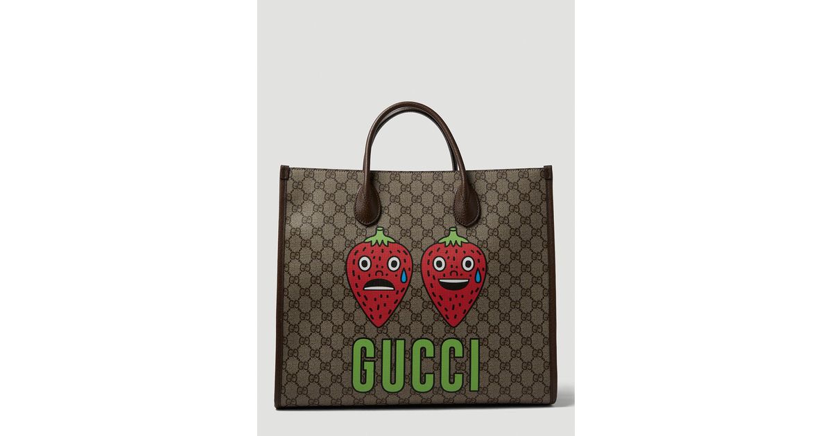 Gucci Canvas Strawberry Print GG Tote Bag in Brown for Men Lyst