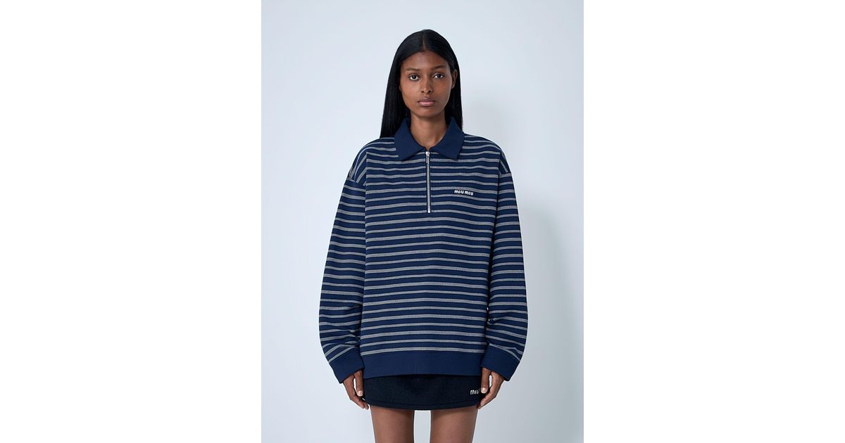 Miu Miu Striped Zip-Up Polo Shirt in Blue | Lyst Canada