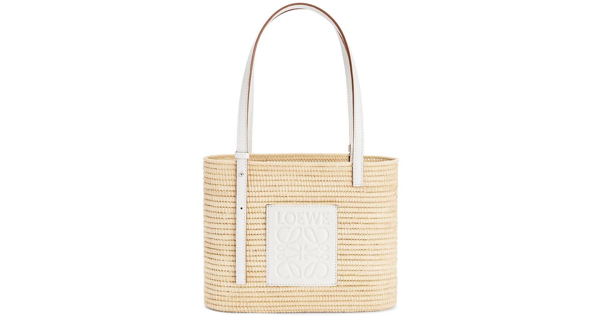 Loewe White Luxury Small Square Basket Bag In Raffia And Calfskin For Women