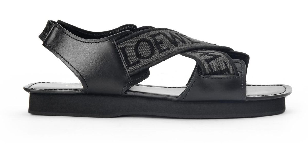 Loewe Leather Criss Cross Sandal In Jacquard And Calfskin in Black 