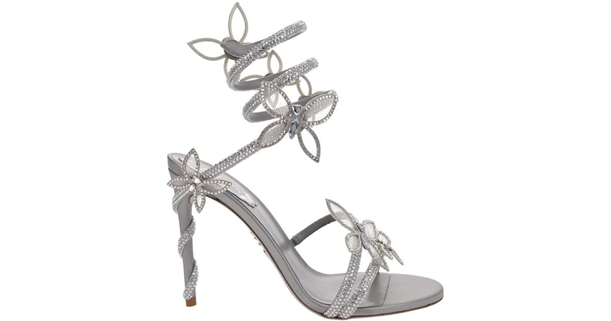 Rene Caovilla Margot Silver Butterfly Ankle Wrap Heel in Metallic | Lyst