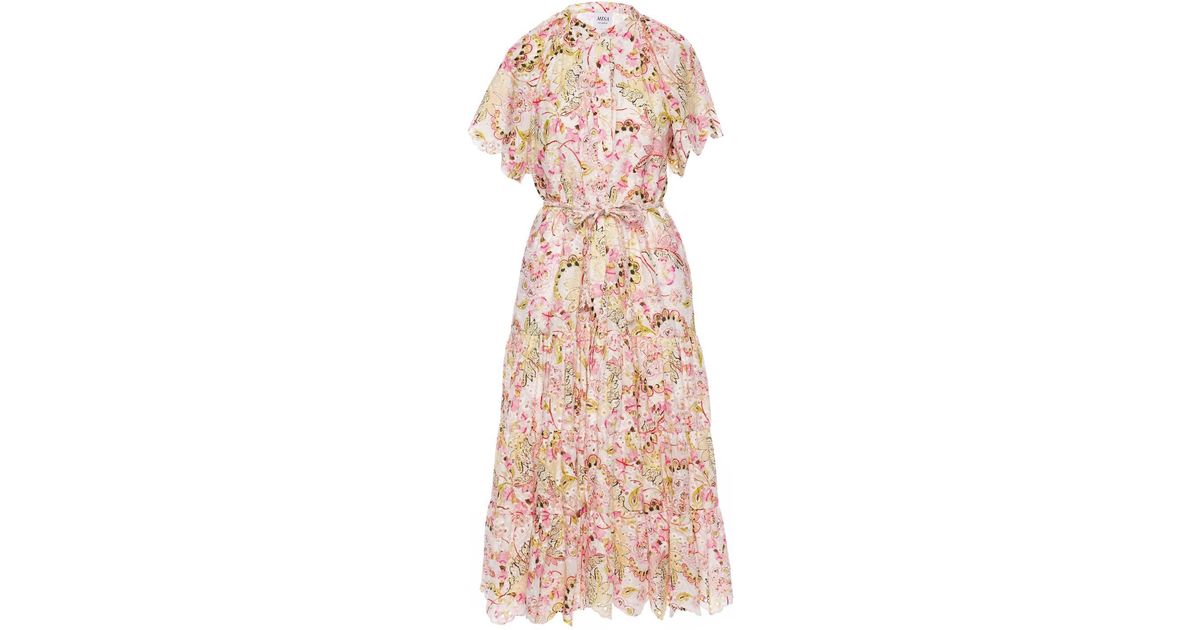MISA Los Angles Malena Floral Eyelet Belted Midi Dress | Lyst UK