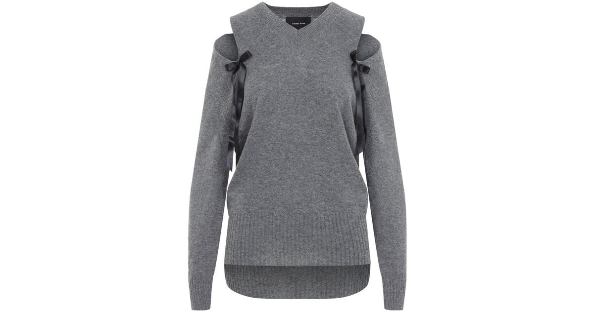 Simone Rocha Relaxed Cashmere Slash V-Neck Jumper W/Bow in Gray | Lyst