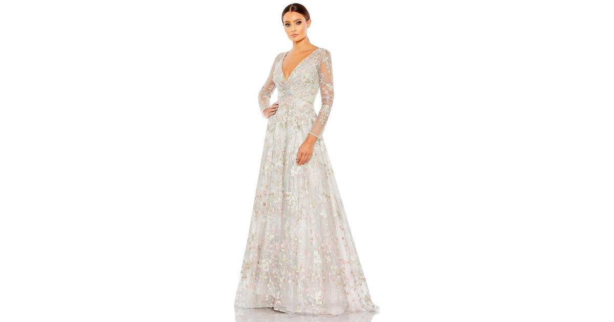 Mac Duggal Embellished Wrap Over Illusion Long Sleeve A Line Dress in ...
