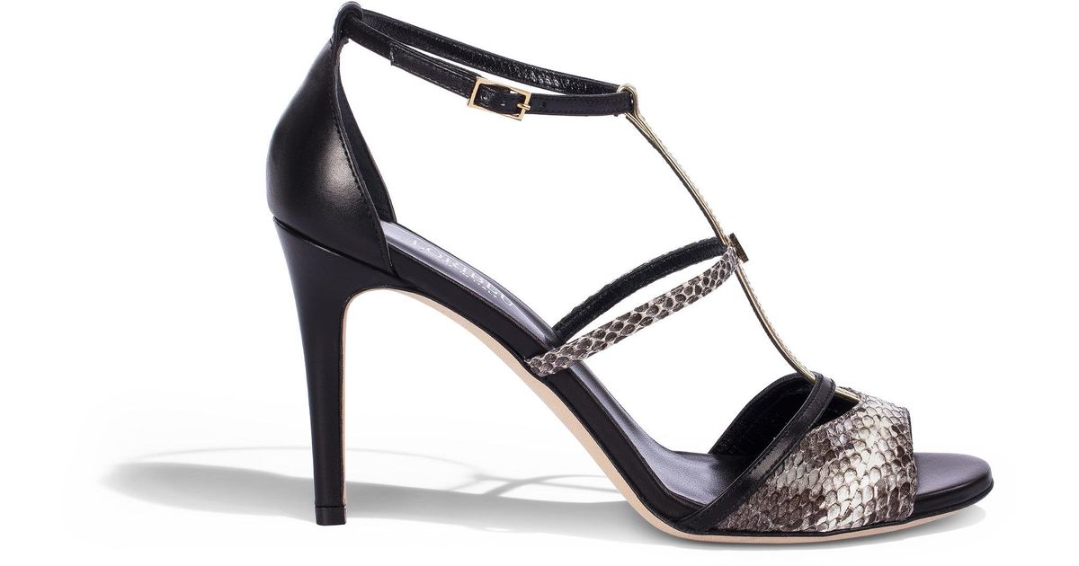 Loriblu Logo-plaque Black, Gold-tone And Animalier Leather Sandals - Lyst