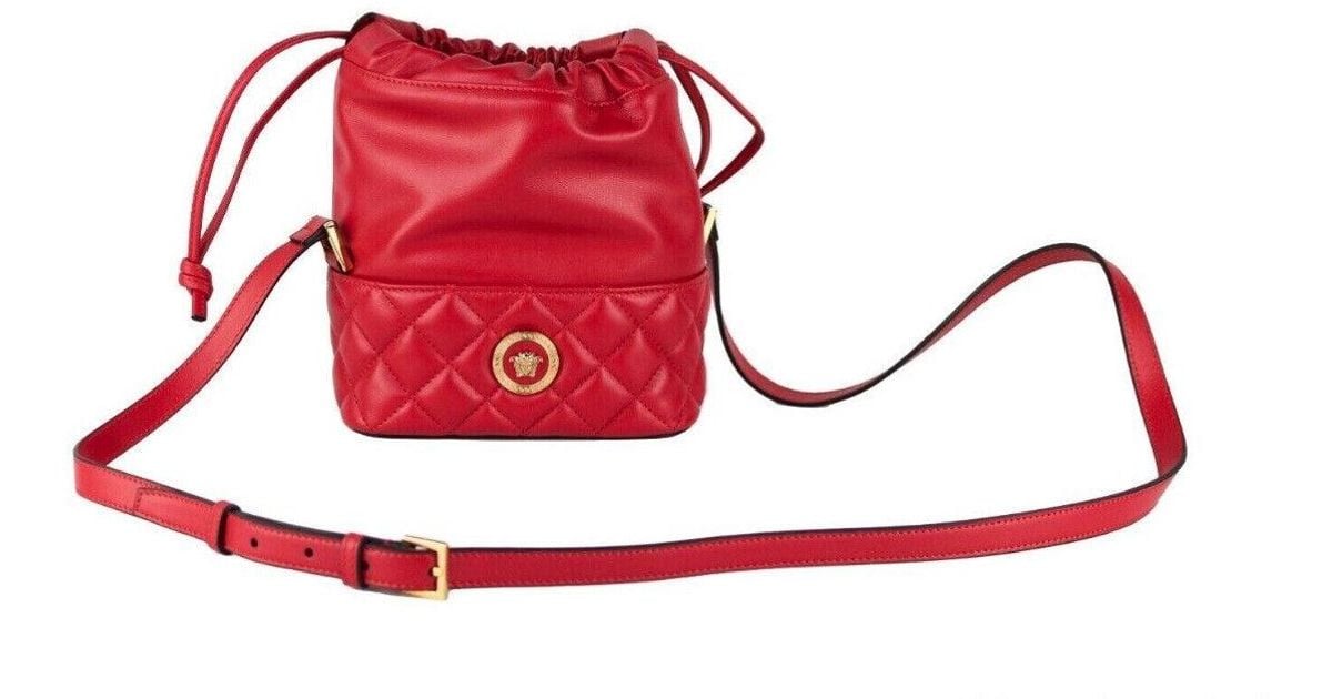 Versace Red Quilted Leather Drawstring Shoulder Bag Bucket Crossbody