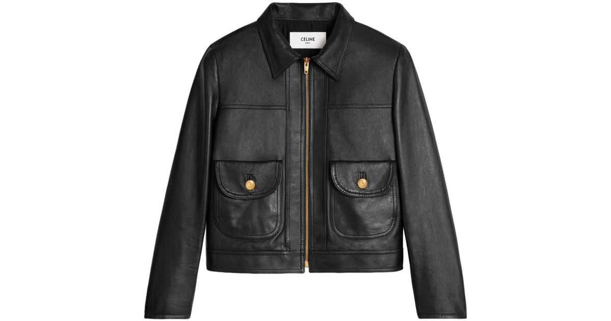 Celine Leather Jacket With Pockets in Black | Lyst