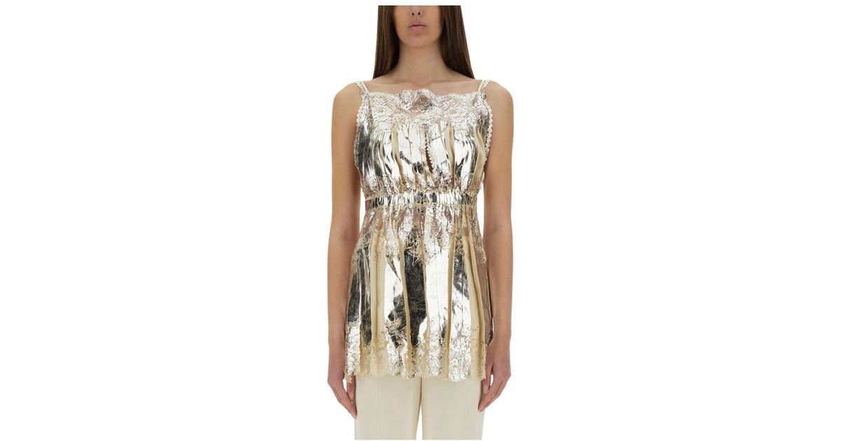 Tシャツ・カットソー RABANNE LAMINATED PLEATED SATIN TOP Rabanne Laminated Pleated Satin Top With Lace Detail | ShopSimon