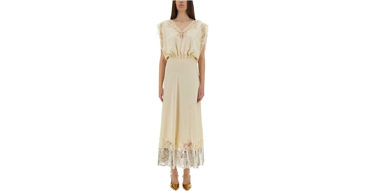 ワンピース RABANNE MIDI DRESS WITH LACE INLAYS Rabanne Midi Dress With Lace Inlays in Natural | Lyst