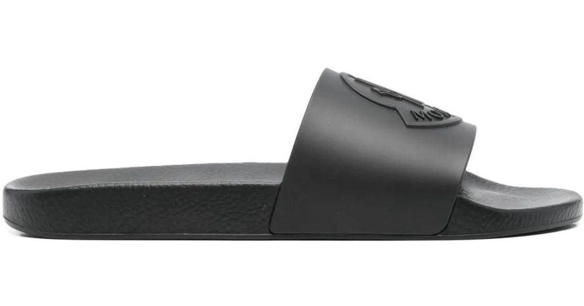【MONCLER】 Basile rubber slide Black Moncler - Basile Logo-Embossed Striped Rubber Slides - Black
