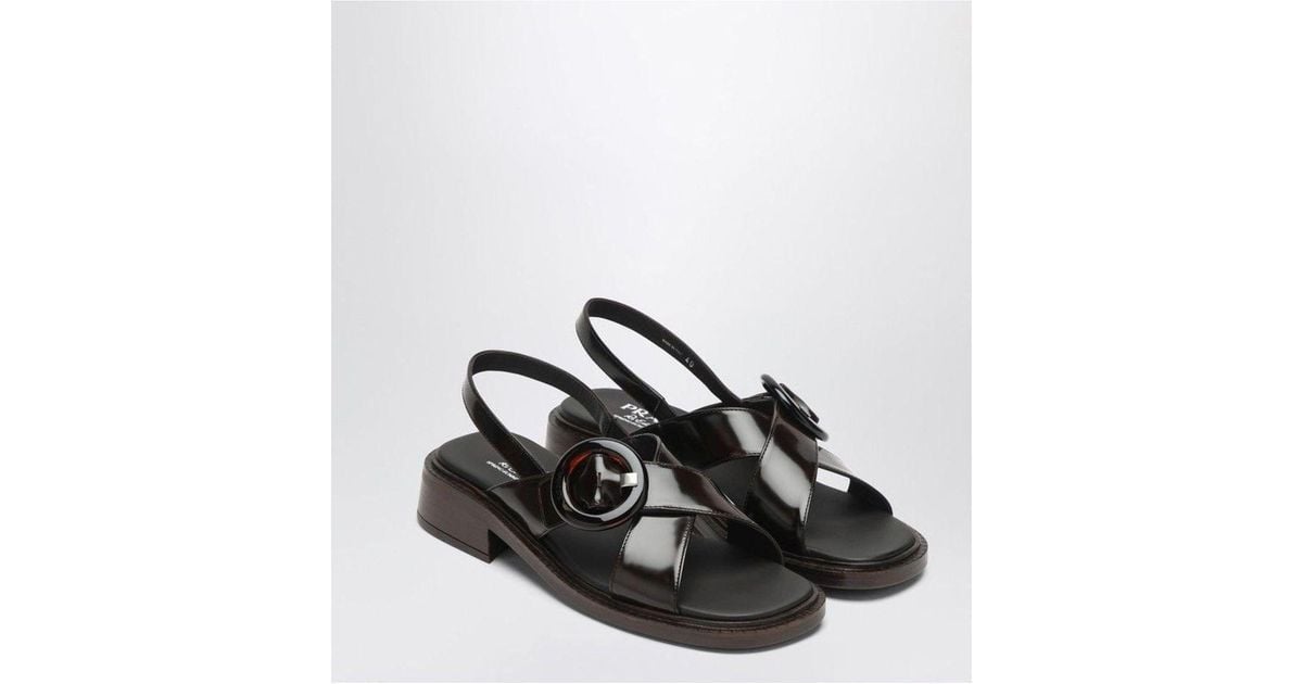 サンダル・ミュール PRADA BRUSHED LEATHER SANDALS WITH A BURNT COLOR BUCKLE Prada Brushed Leather Sandals With A Burnt Color Buckle In