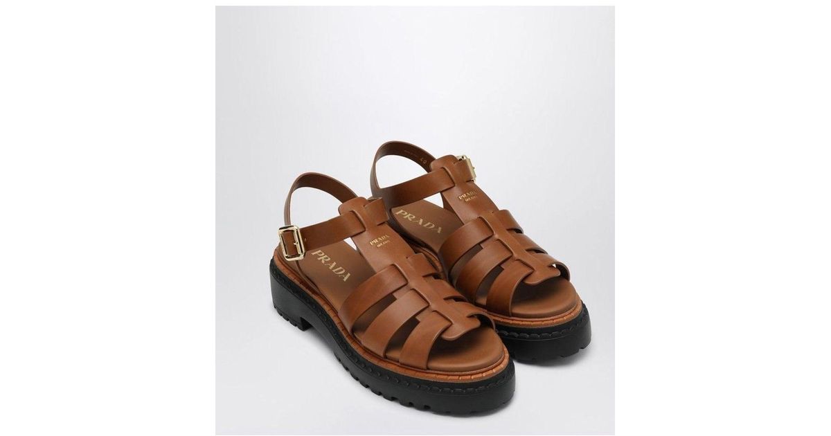 Prada Leather Sandal With Logo in Brown | Lyst UK