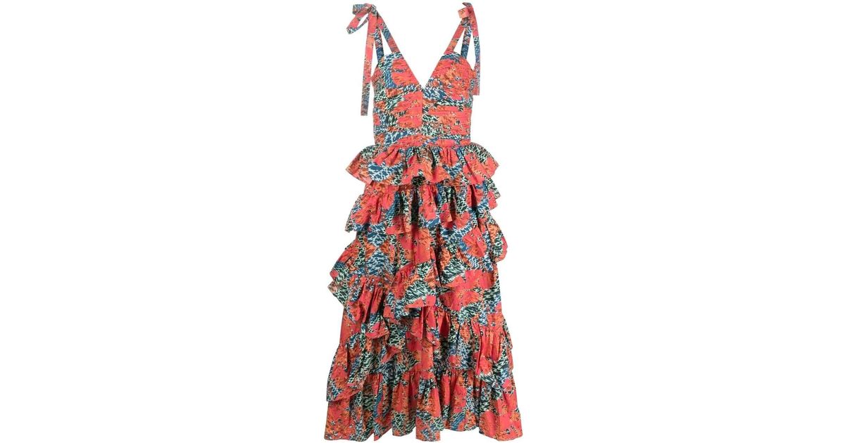 Ulla Johnson Candace Floral-print Ruffled Midi Dress in Red | Lyst
