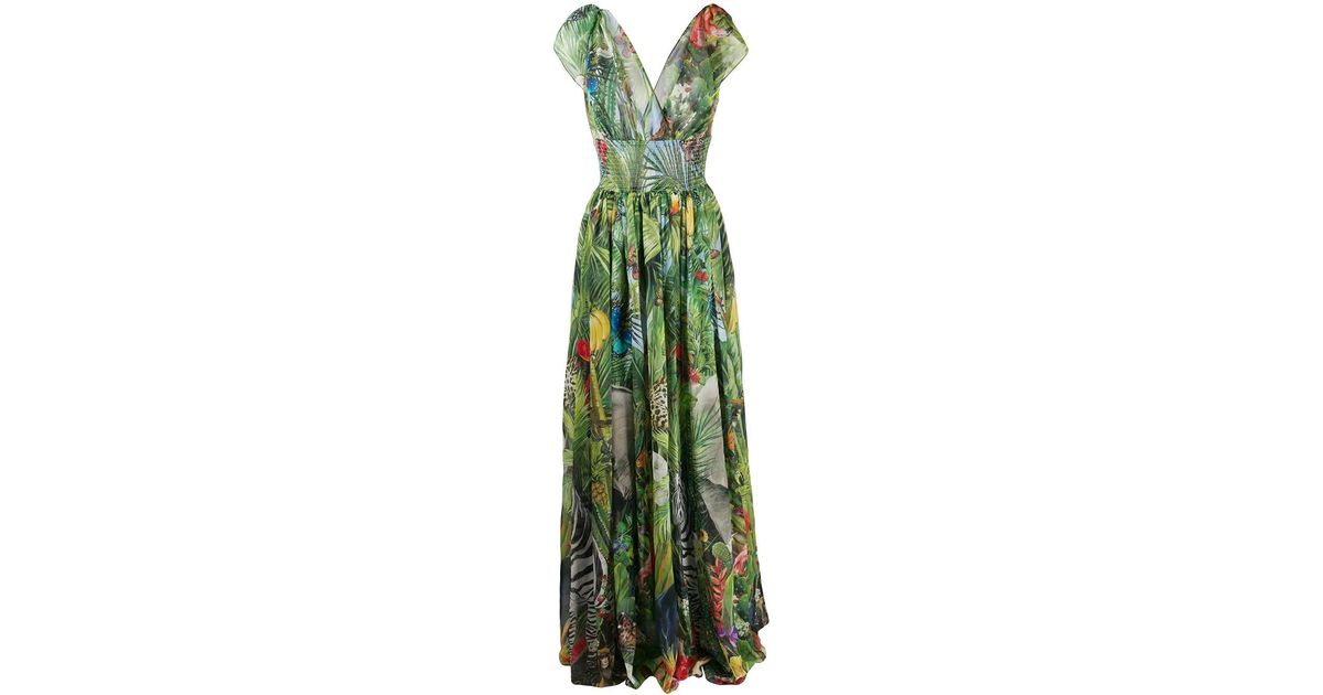 Dolce & Gabbana Long Georgette Dress With Jungle Print in Green | Lyst Dolce & Gabbana Long Georgette Dress With Jungle Print in Green | Lyst