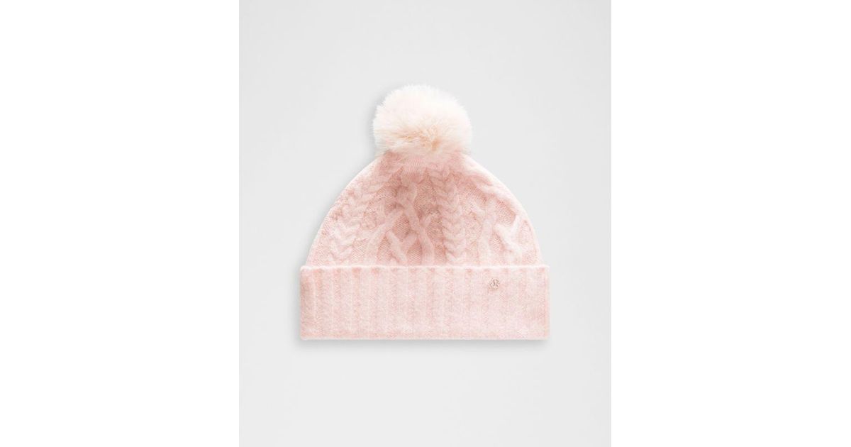 NWT Lululemon Athletica Light Pink Cable-Knit Beanie with White Pom Pom Lyric Light Pink Slouchy Beanie Hat with Finn Raccoon Pom  main image 4