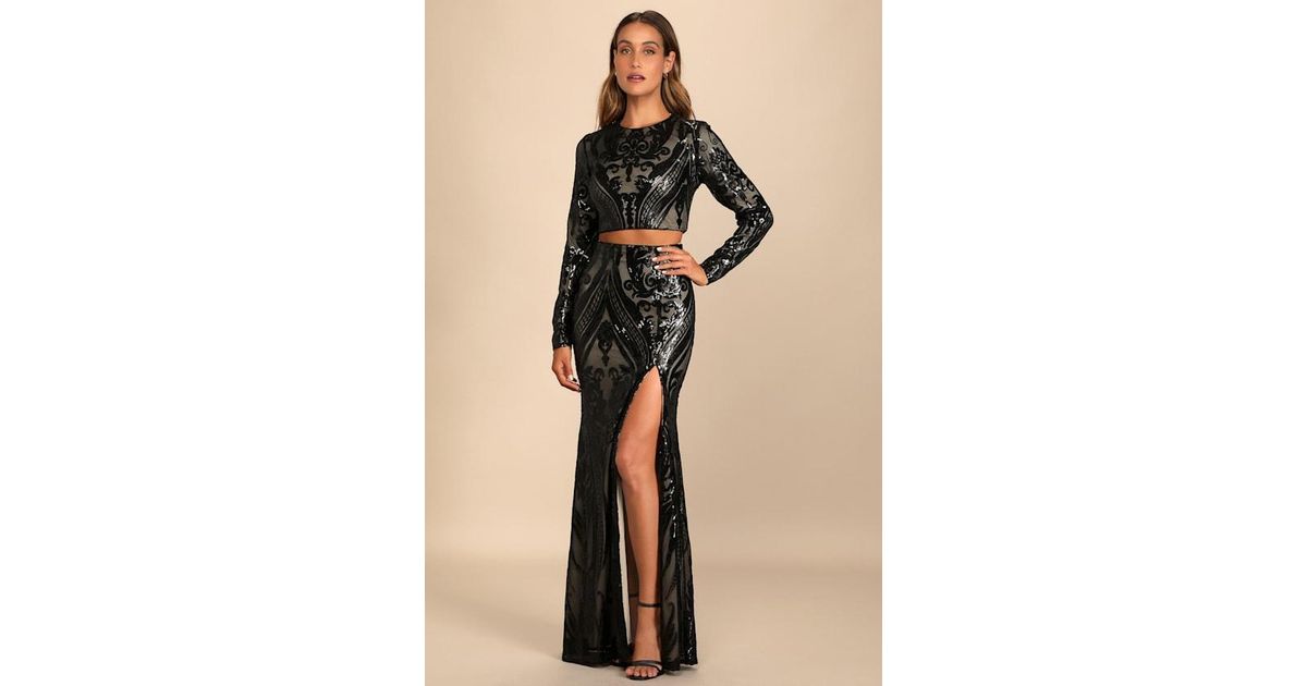 Lulus Luxe Aesthetic Sequin Long Sleeve Two-Piece Maxi Dress in Black | Lyst