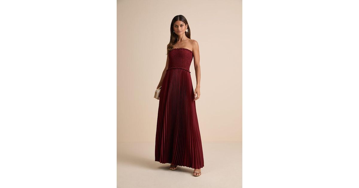 Lulus Damira Rust Satin Pleated Strapless Maxi Dress in Red | Lyst