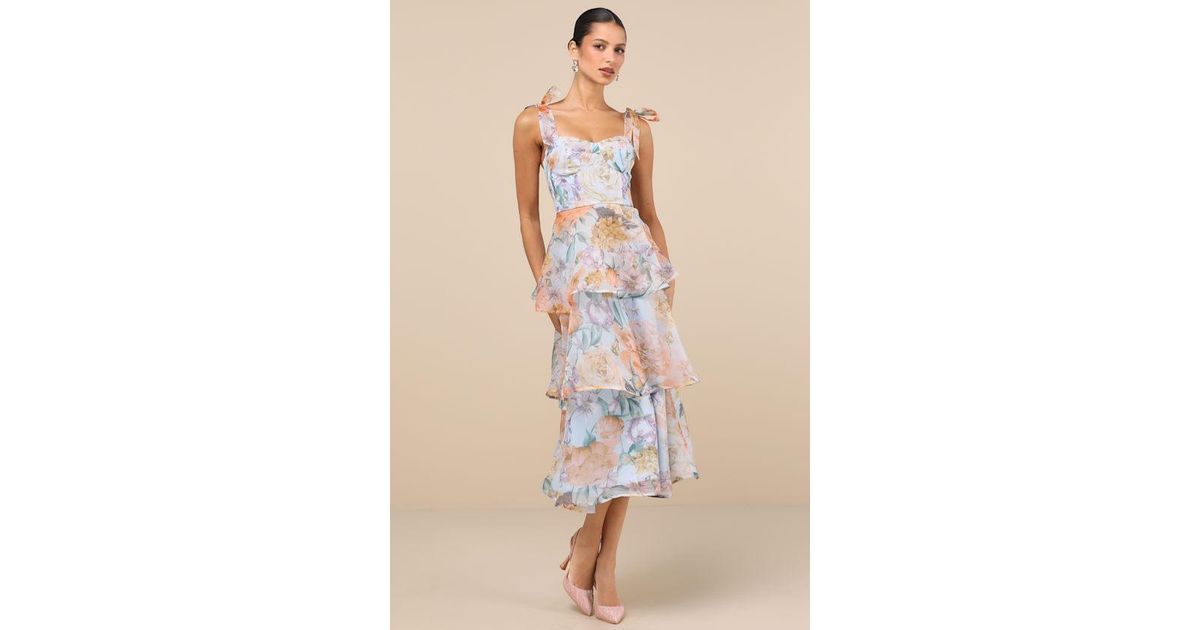 playfully posh blush floral organza tie-strap tiered midi dress Lulus Playfully Posh Blush Floral Organza Tie Strap Tiered Midi Dress