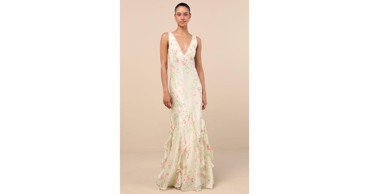 Lulus Deluca Cream Floral Sleeveless Ruffled Maxi Dress in Green | Lyst