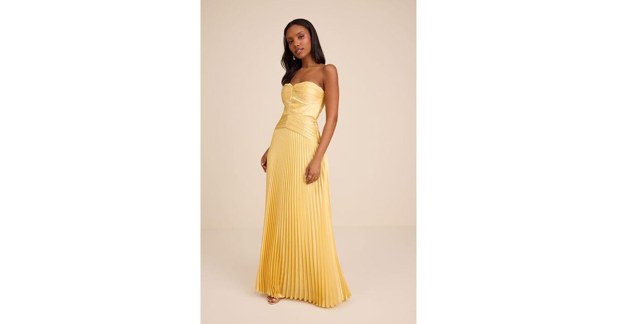 yellow pleated satin dress Toperth Yellow Satin Pleated V-Neck Maxi Dress  Toperth